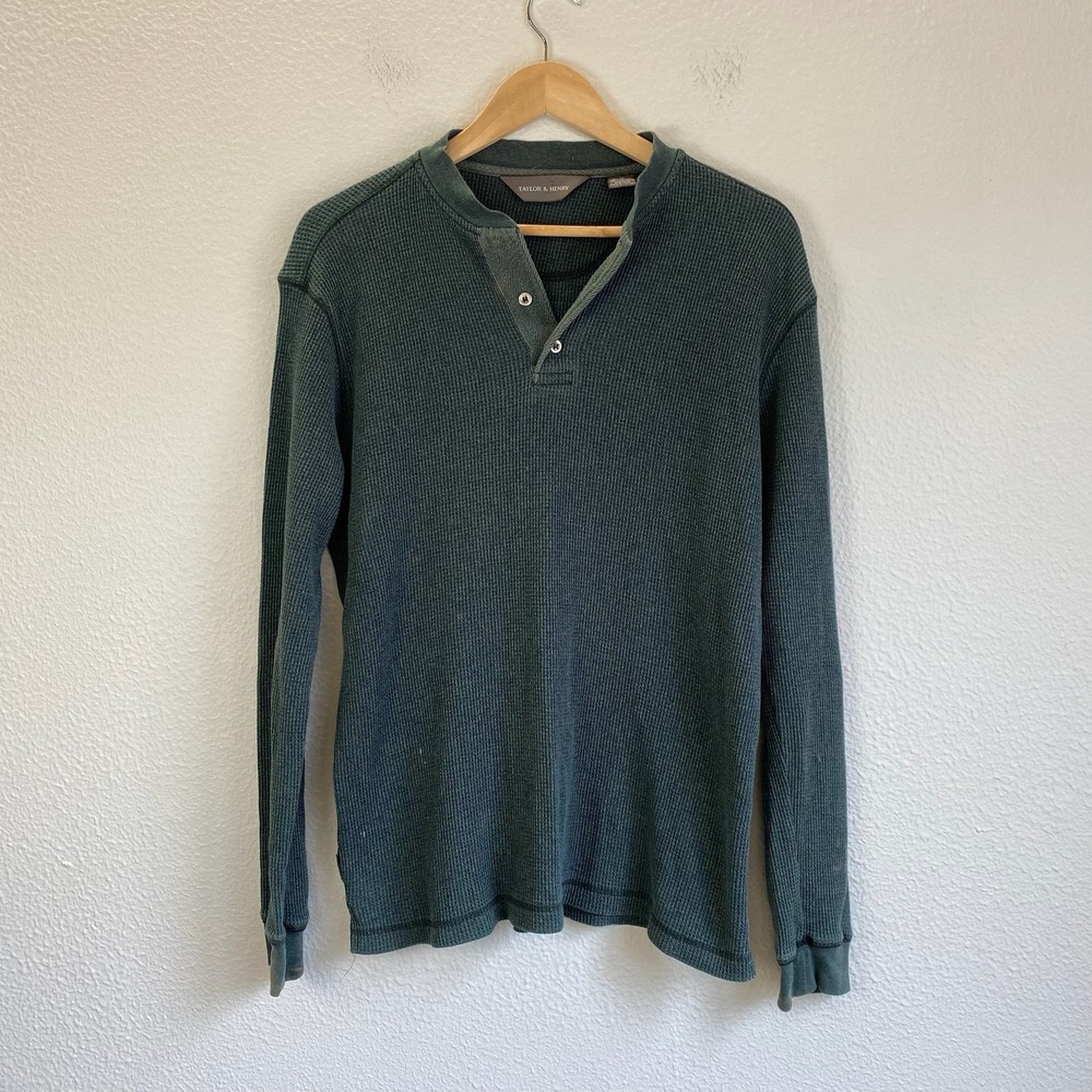 Taylor & Henry Henley Shirt Mens M Green Fair Distressed Waffle Knit Long Sleeve